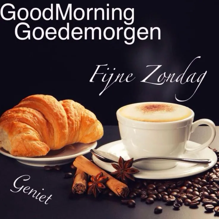 ᐅ zondag koffie - Zondag plaatjes Koffie met croissant en kruiden op een donkere tafel, met een groet voor de zondag.