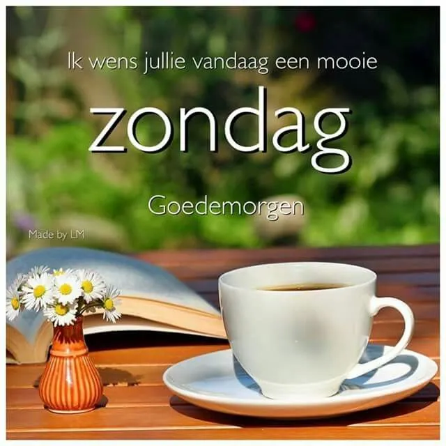 ᐅ zondag koffie - Zondag plaatjes Een kop koffie met een boek en een vaas bloemen, tekst "Zondag, Goedemorgen".