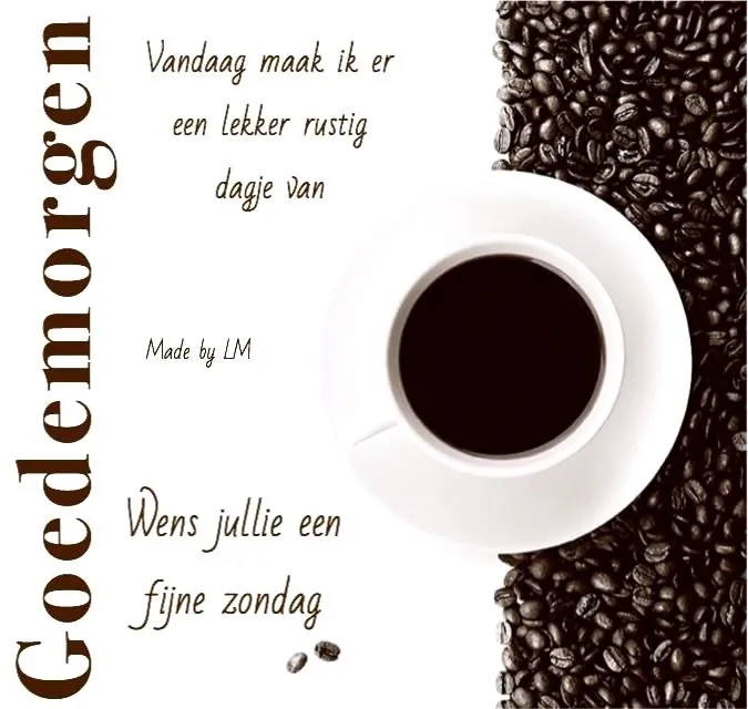 ᐅ zondag koffie - Zondag plaatjes Koffie in een witte mok met koffiebessen op een houten tafel. Groet voor een fijne zondag.