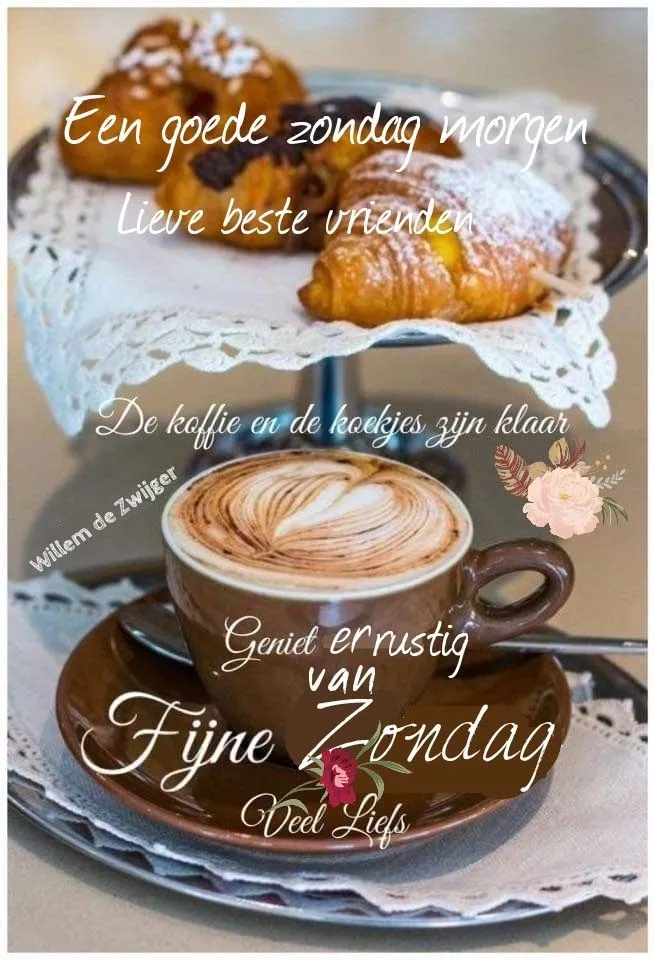 ᐅ zondag koffie - Zondag plaatjes Kopje koffie met een koekje en croissant op een schotel, met tekstgroeten.