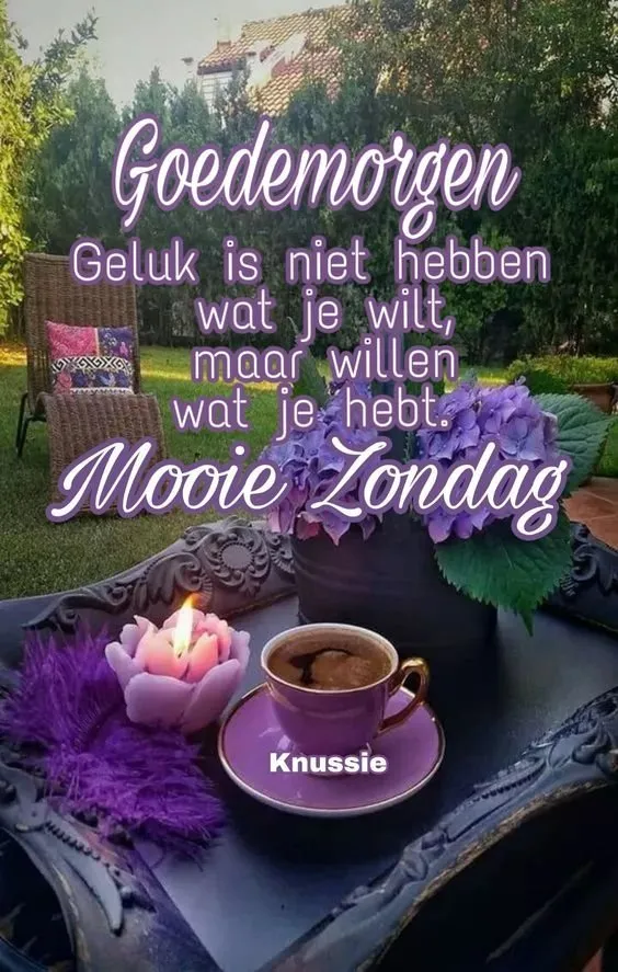 ᐅ zondag koffie - Zondag plaatjes Tekst met een positieve boodschap: "Goedemorgen, mooie zondag." Achtergrond met paarse bloemen en een kopje koffie.