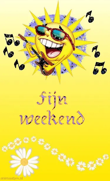 ᐅ zonnig weekend - Weekend plaatjes Zon met zonnebril speelt gitaar, omgeven door muzieknoten en bloemen. Fijn weekend!
